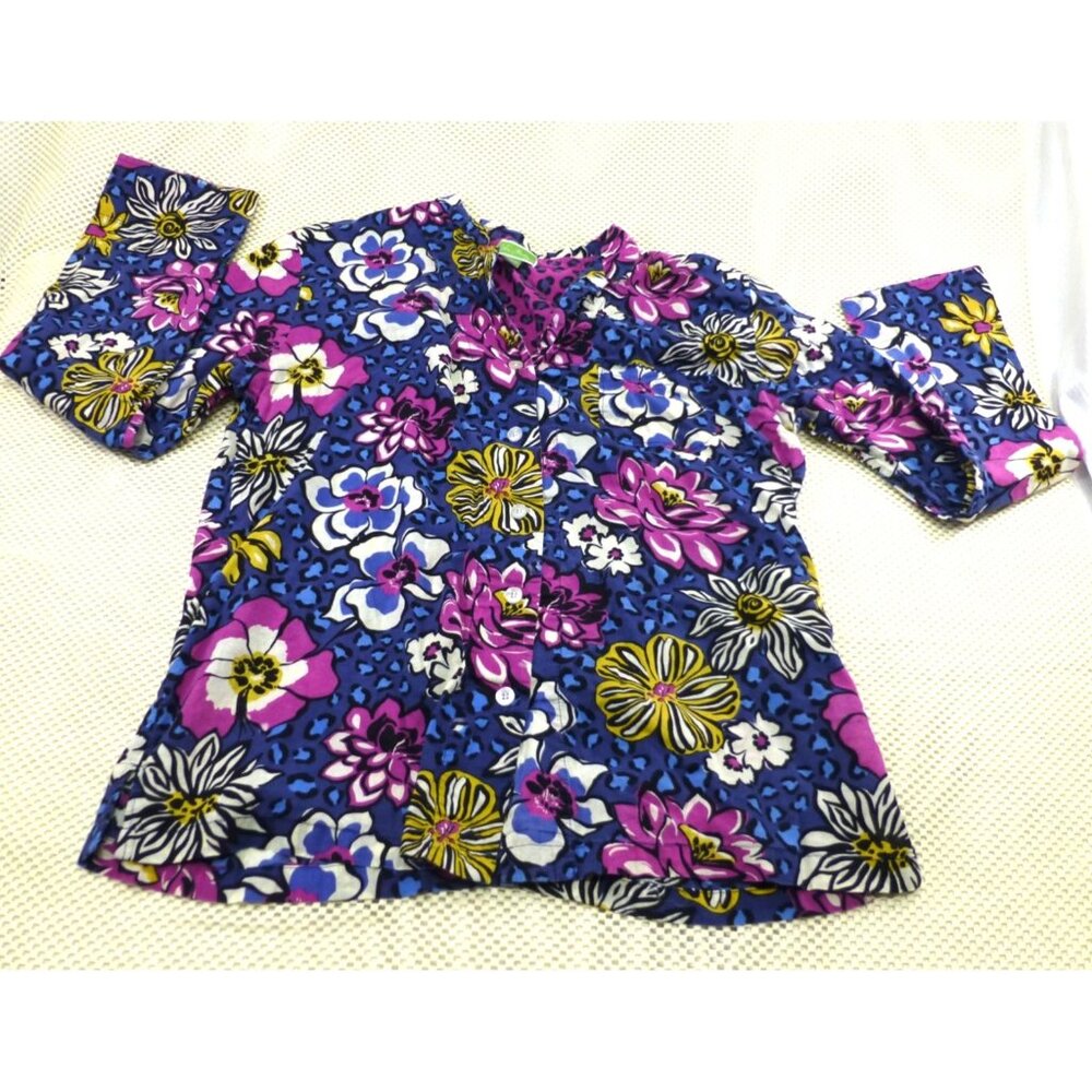 Vera Bradley Womens Floral Button-Up Shirt L Cotton Blue Pink Yellow